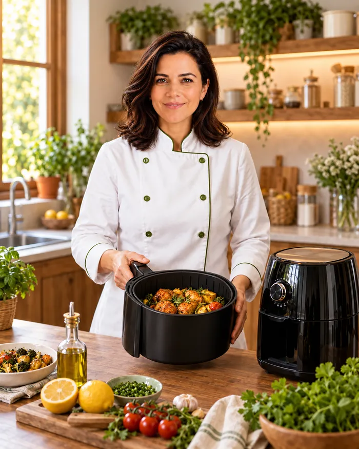 Chef Catarina Moretti segurando cesto da Air Fryer com receita pronta